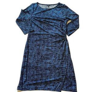 Talbots 3/4 Sleeve Ruched Waist Blue and Black Printed Slinky Sheath Dress Med